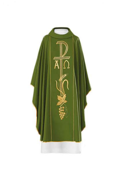 Casula ricamata con simbolo Pax e Alfa e Omega. Misto poliestere