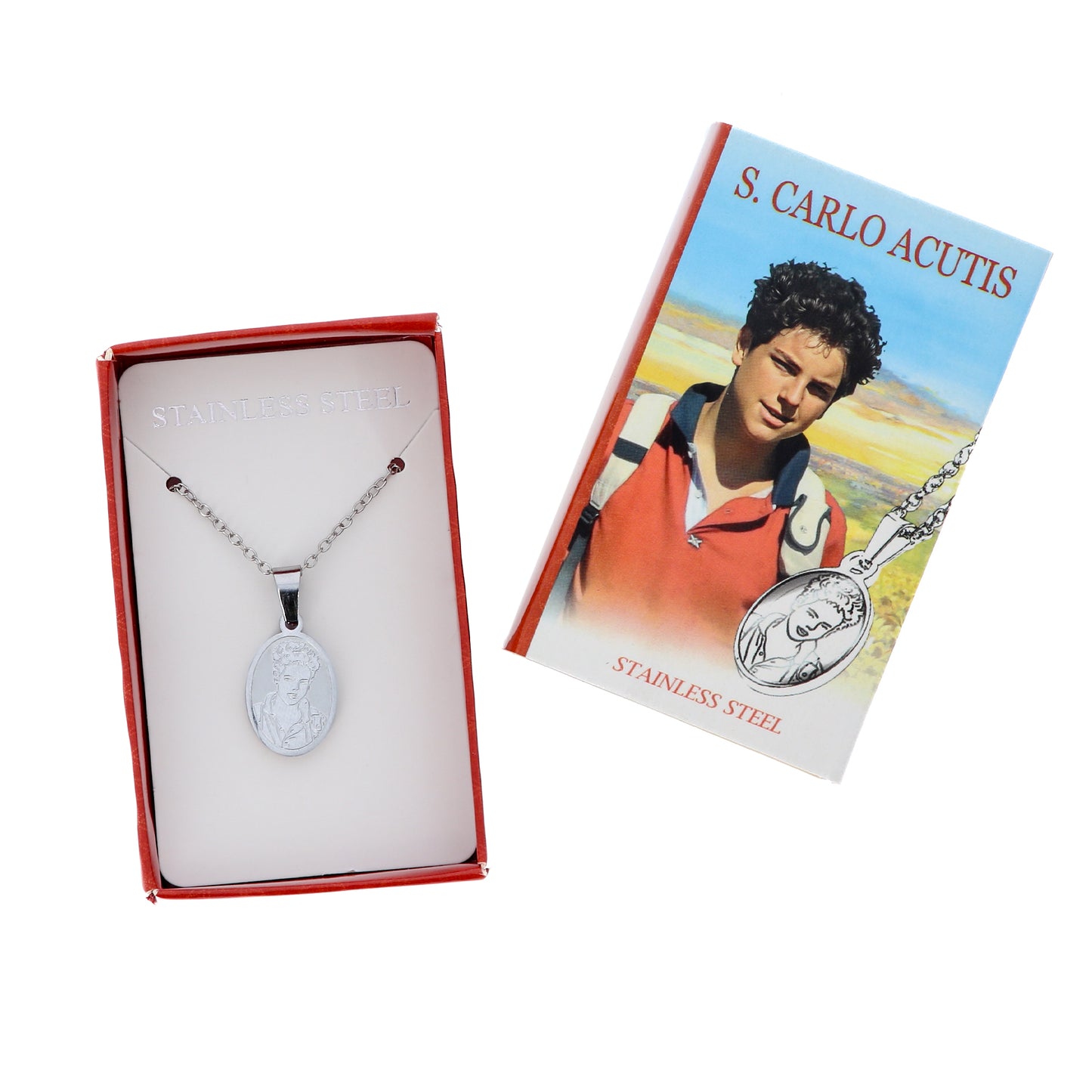 Collana in acciaio con ciondolo San Carlo Acutis. Lunghezza 24,5 cm