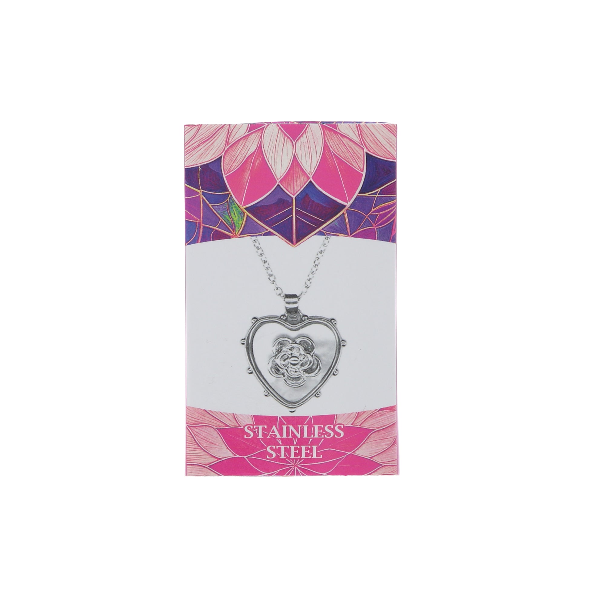 Collana in acciaio con ciondolo  cuore e rosa di Santa Rita. Lunghezza 24 cm