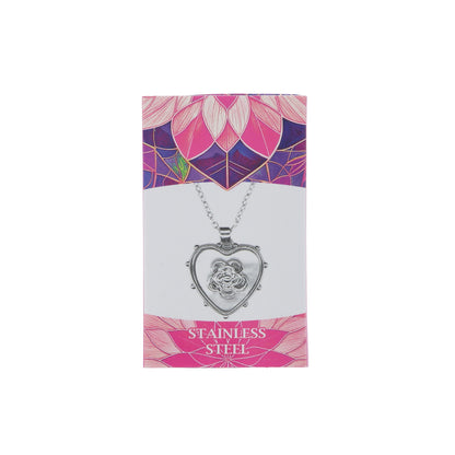 Collana in acciaio con ciondolo  cuore e rosa di Santa Rita. Lunghezza 24 cm