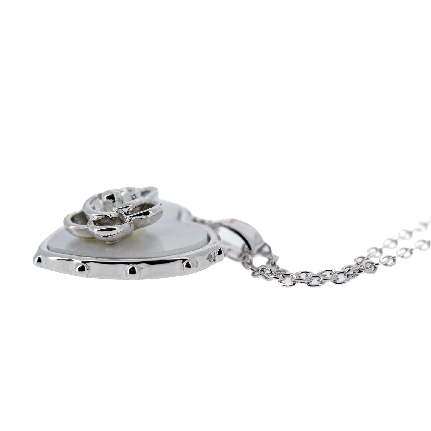 Collana in acciaio con ciondolo  cuore e rosa di Santa Rita. Lunghezza 24 cm