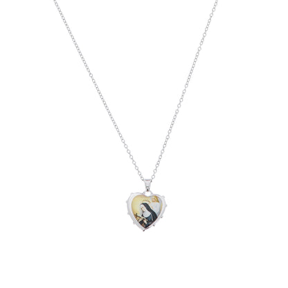 Collana in acciaio con ciondolo  cuore e rosa di Santa Rita. Lunghezza 24 cm