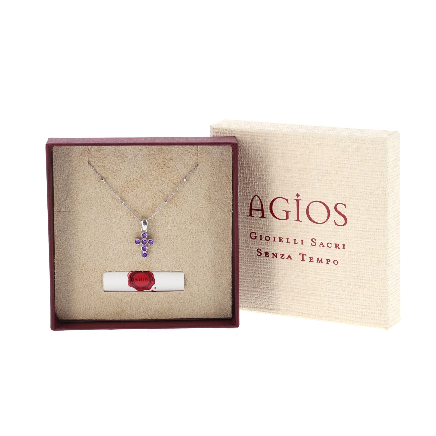 Collana Lumae Patronus, croce con zirconi viola, argento 925
