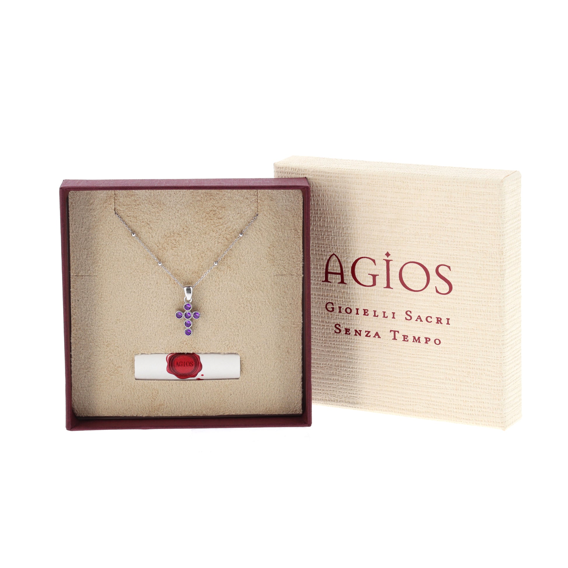 Collana Lumae Patronus, croce con zirconi viola, argento 925
