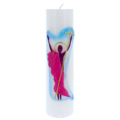 Candela Cero in cera bianca con decorazione in bassorilievo. Dimensioni 8x30 cm