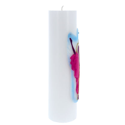 Candela Cero in cera bianca con decorazione in bassorilievo. Dimensioni 8x30 cm