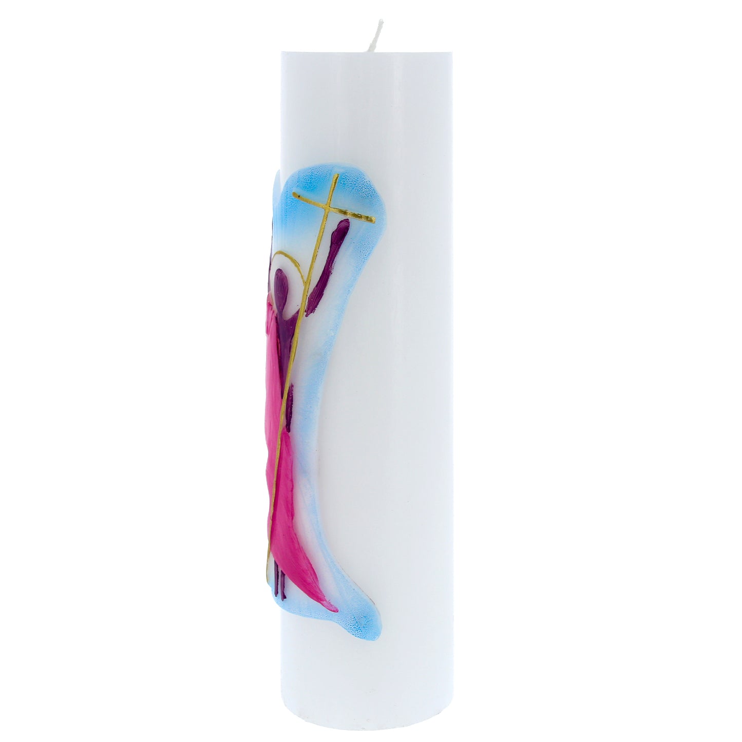 Candela Cero in cera bianca con decorazione in bassorilievo. Dimensioni 8x30 cm