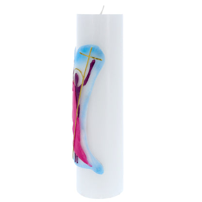Candela Cero in cera bianca con decorazione in bassorilievo. Dimensioni 8x30 cm