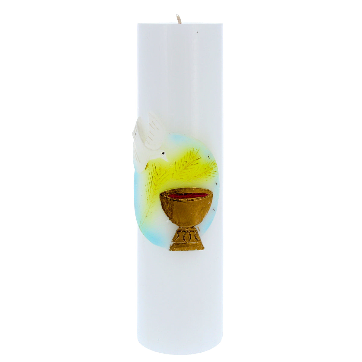 Candela Cero in cera bianca con decorazione in bassorilievo. Dimensioni 8x30 cm