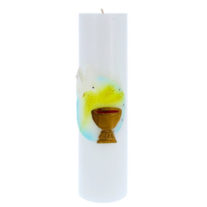 Candela Cero in cera bianca con decorazione in bassorilievo. Dimensioni 8x30 cm