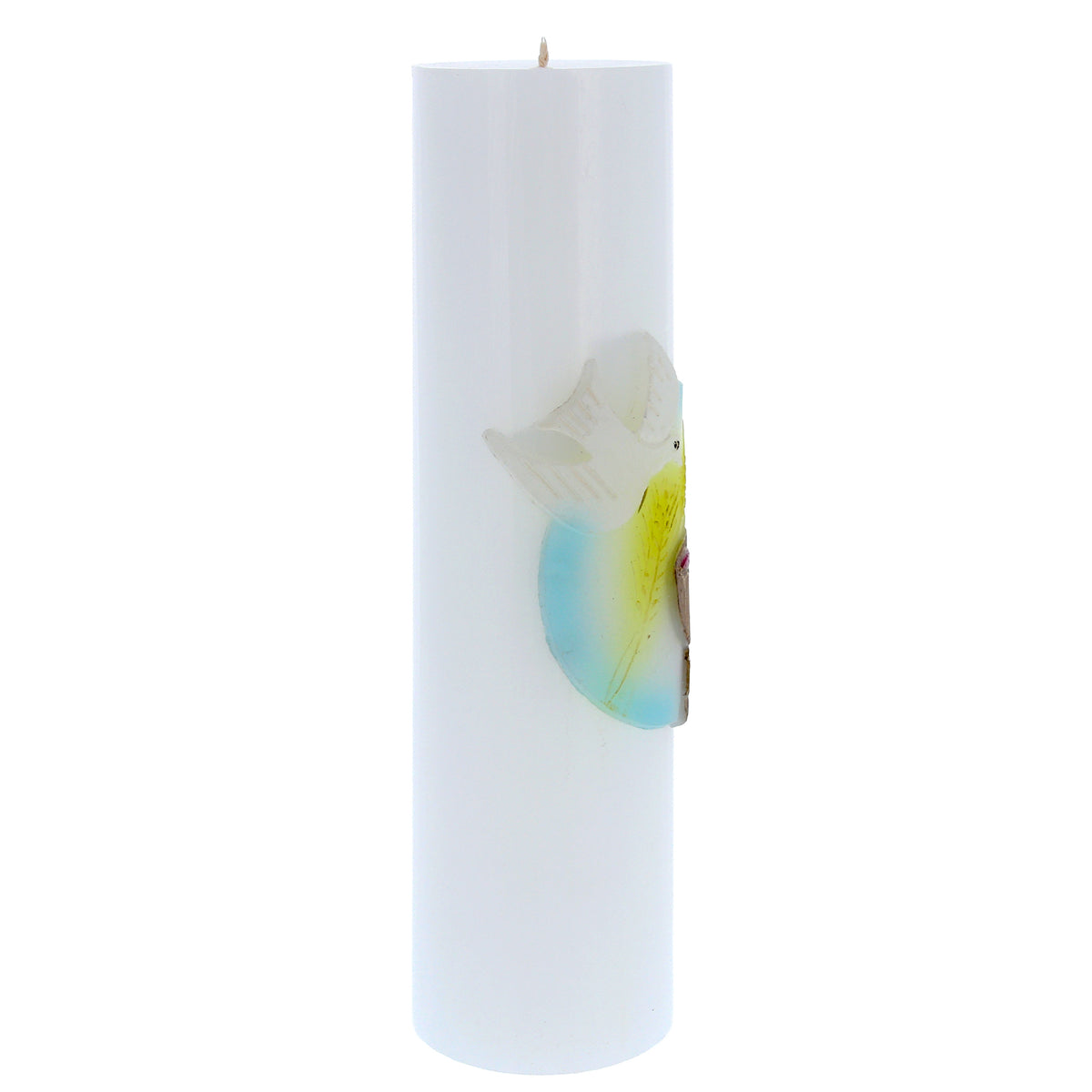 Candela Cero in cera bianca con decorazione in bassorilievo. Dimensioni 8x30 cm