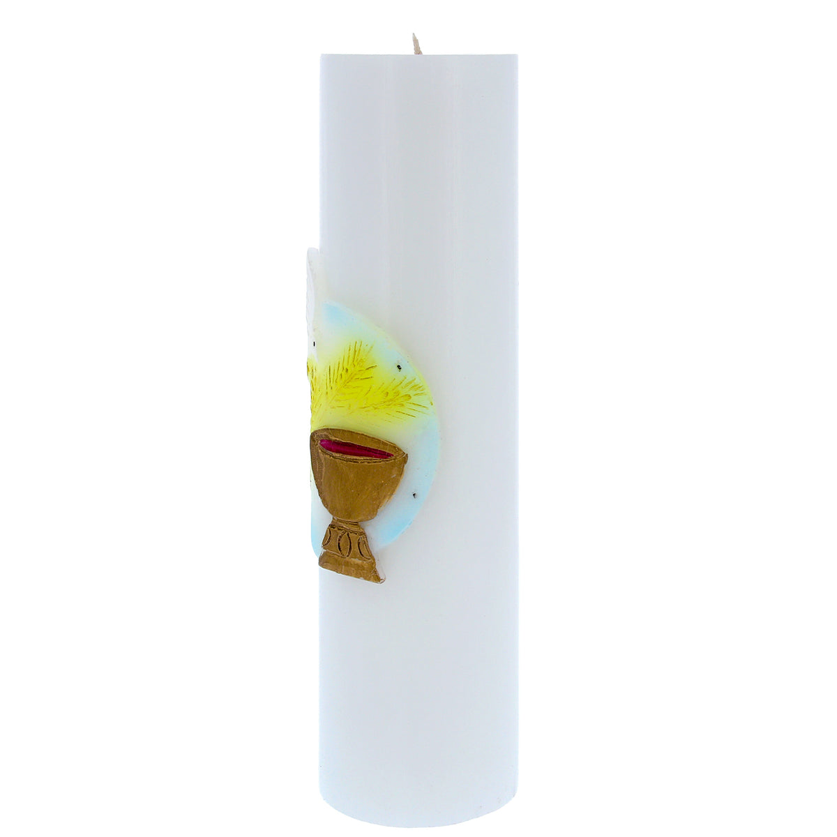 Candela Cero in cera bianca con decorazione in bassorilievo. Dimensioni 8x30 cm