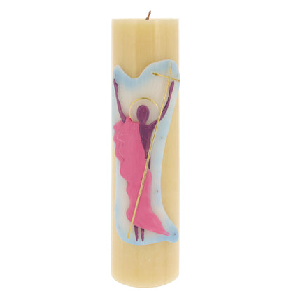 Candela Cero in cera d'api con decorazione in bassorilievo. Dimensioni 8x30 cm