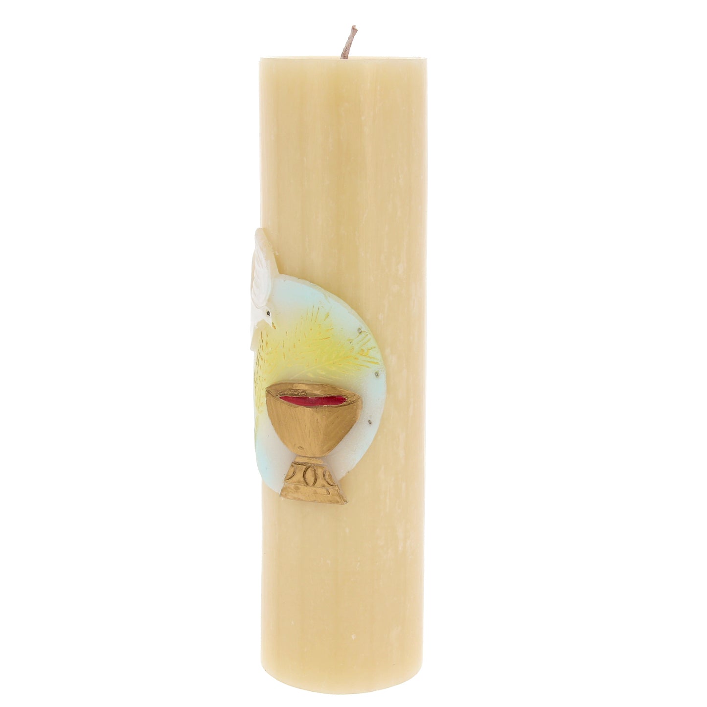 Candela Cero in cera d'api con decorazione in bassorilievo. Dimensioni 8x30 cm