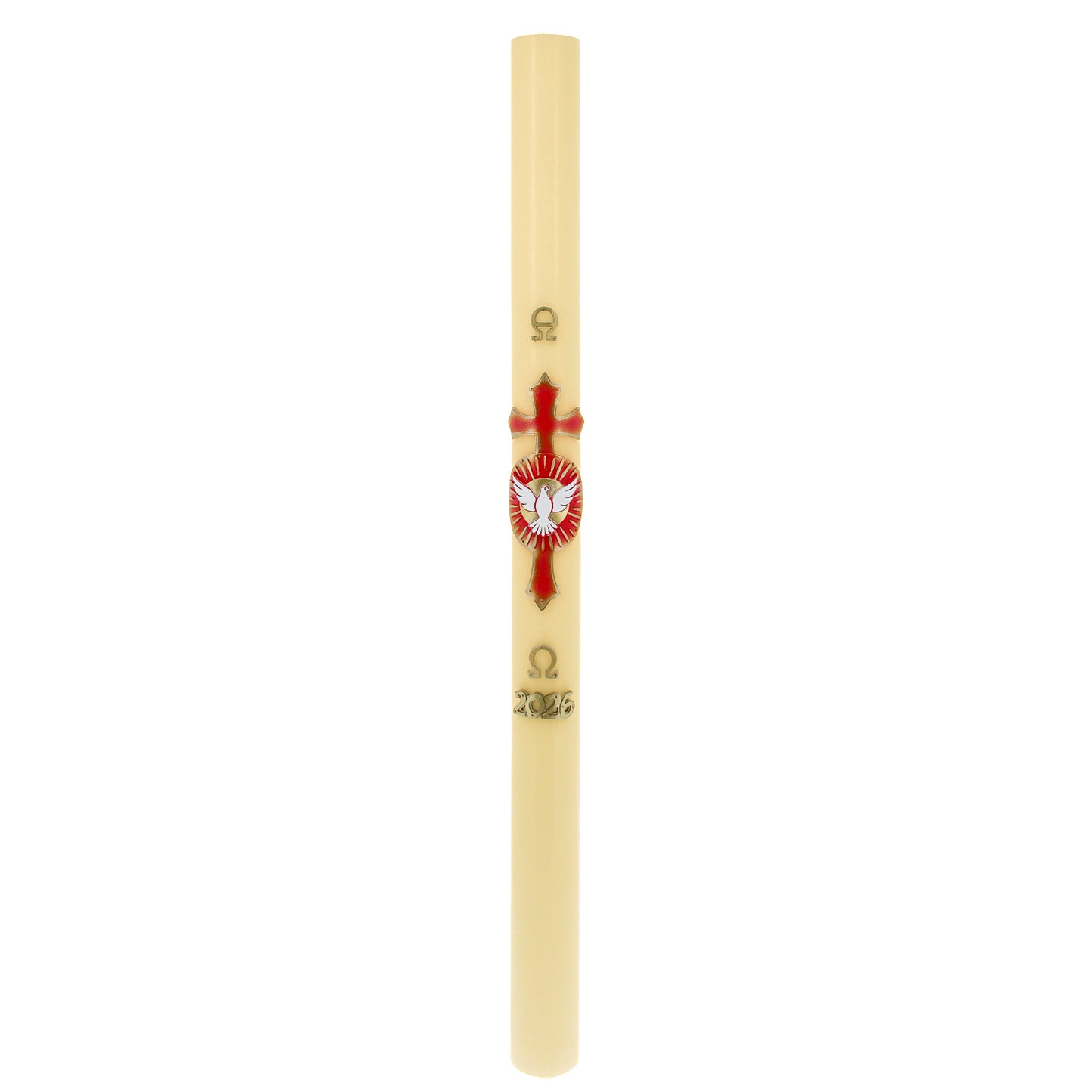 Cero Pasquale in cera d’Api con con Colomba dello Spirito Santo in bassorilievo – Decoro Rosso. Dimensione 8x120 cm