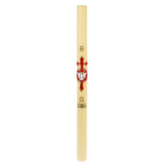 Cero Pasquale in cera d’Api con con Colomba dello Spirito Santo in bassorilievo – Decoro Rosso. Dimensione 8x120 cm