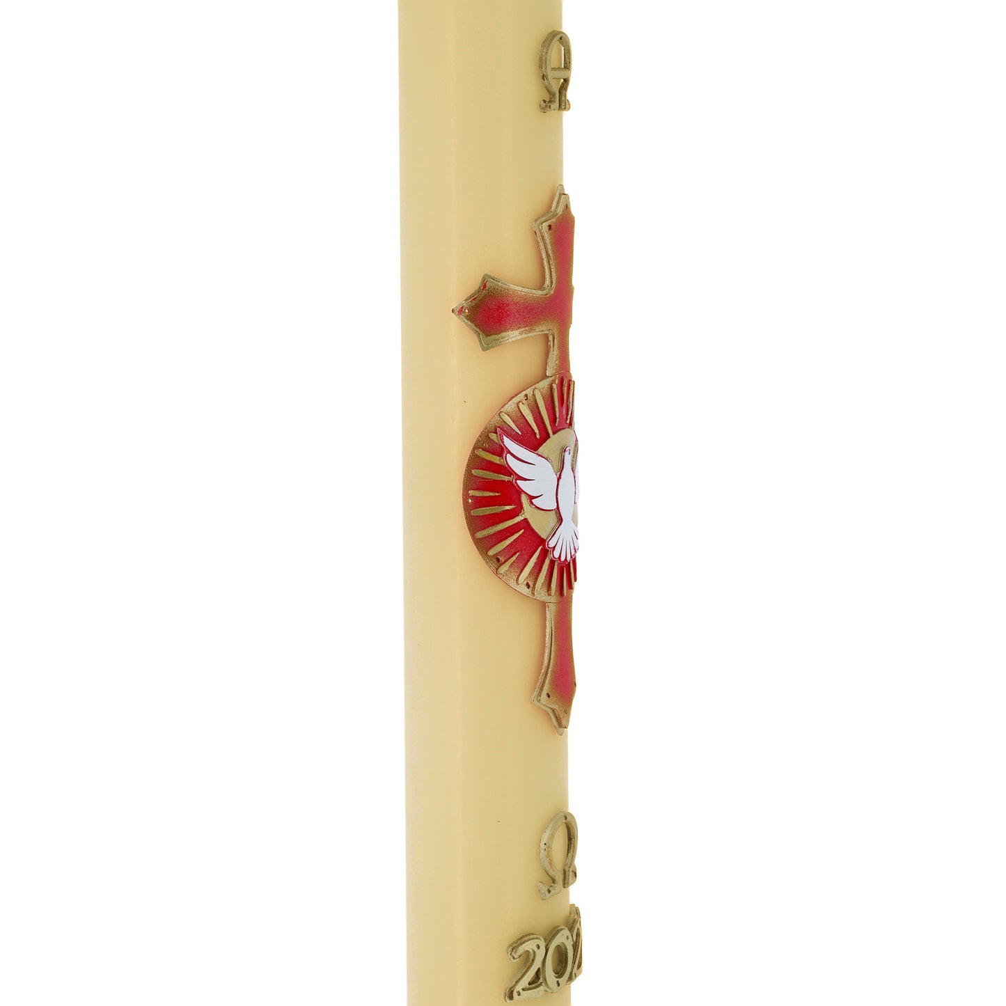 Cero Pasquale in cera d’Api con con Colomba dello Spirito Santo in bassorilievo – Decoro Rosso. Dimensione 8x120 cm