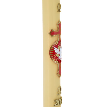 Cero Pasquale in cera d’Api con con Colomba dello Spirito Santo in bassorilievo – Decoro Rosso. Dimensione 8x120 cm