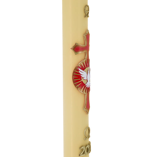 Cero Pasquale in cera d’Api con con Colomba dello Spirito Santo in bassorilievo – Decoro Rosso. Dimensione 8x120 cm