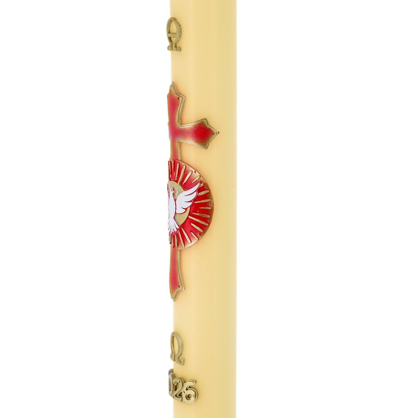 Cero Pasquale in cera d’Api con con Colomba dello Spirito Santo in bassorilievo – Decoro Rosso. Dimensione 8x120 cm