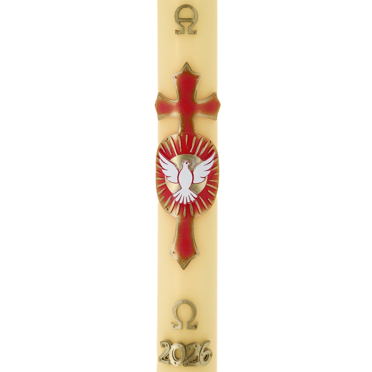 Cero Pasquale in cera d’Api con con Colomba dello Spirito Santo in bassorilievo – Decoro Rosso. Dimensione 8x120 cm
