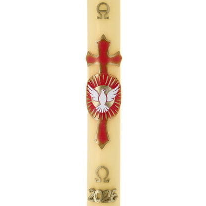 Cero Pasquale in cera d’Api con con Colomba dello Spirito Santo in bassorilievo – Decoro Rosso. Dimensione 8x120 cm