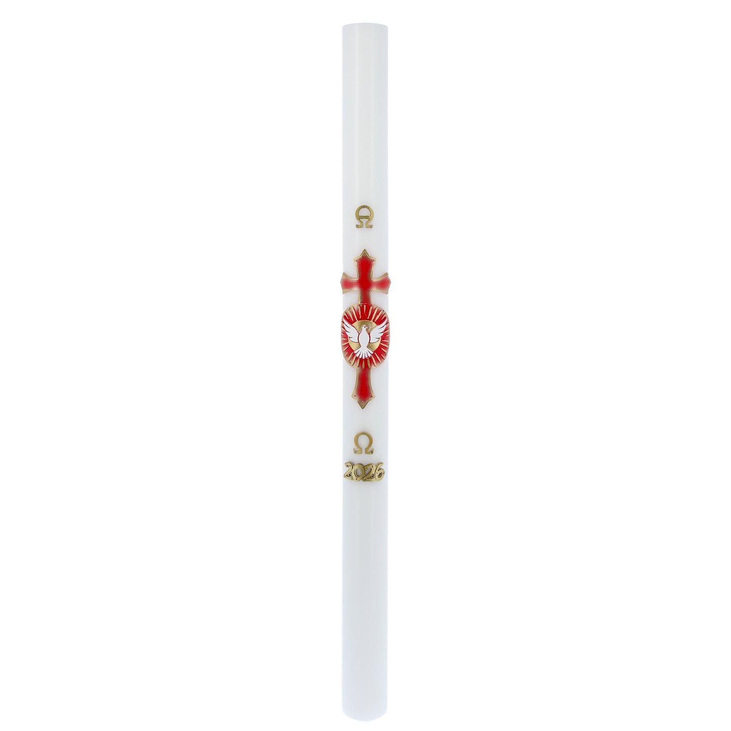 Cero Pasquale in cera bianca con con Colomba dello Spirito Santo in bassorilievo – Decoro Rosso. Dimensione 8x120 cm