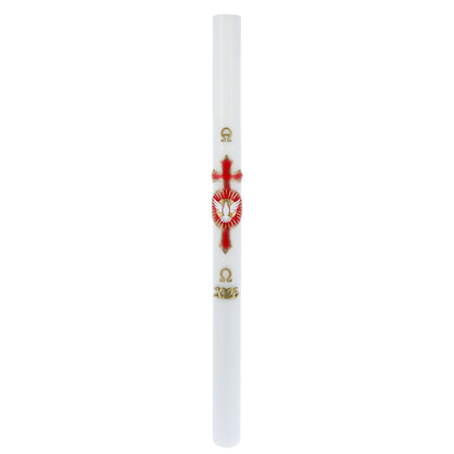 Cero Pasquale in cera bianca con con Colomba dello Spirito Santo in bassorilievo – Decoro Rosso. Dimensione 8x120 cm