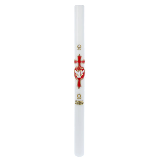 Cero Pasquale in cera bianca con con Colomba dello Spirito Santo in bassorilievo – Decoro Rosso. Dimensione 8x120 cm
