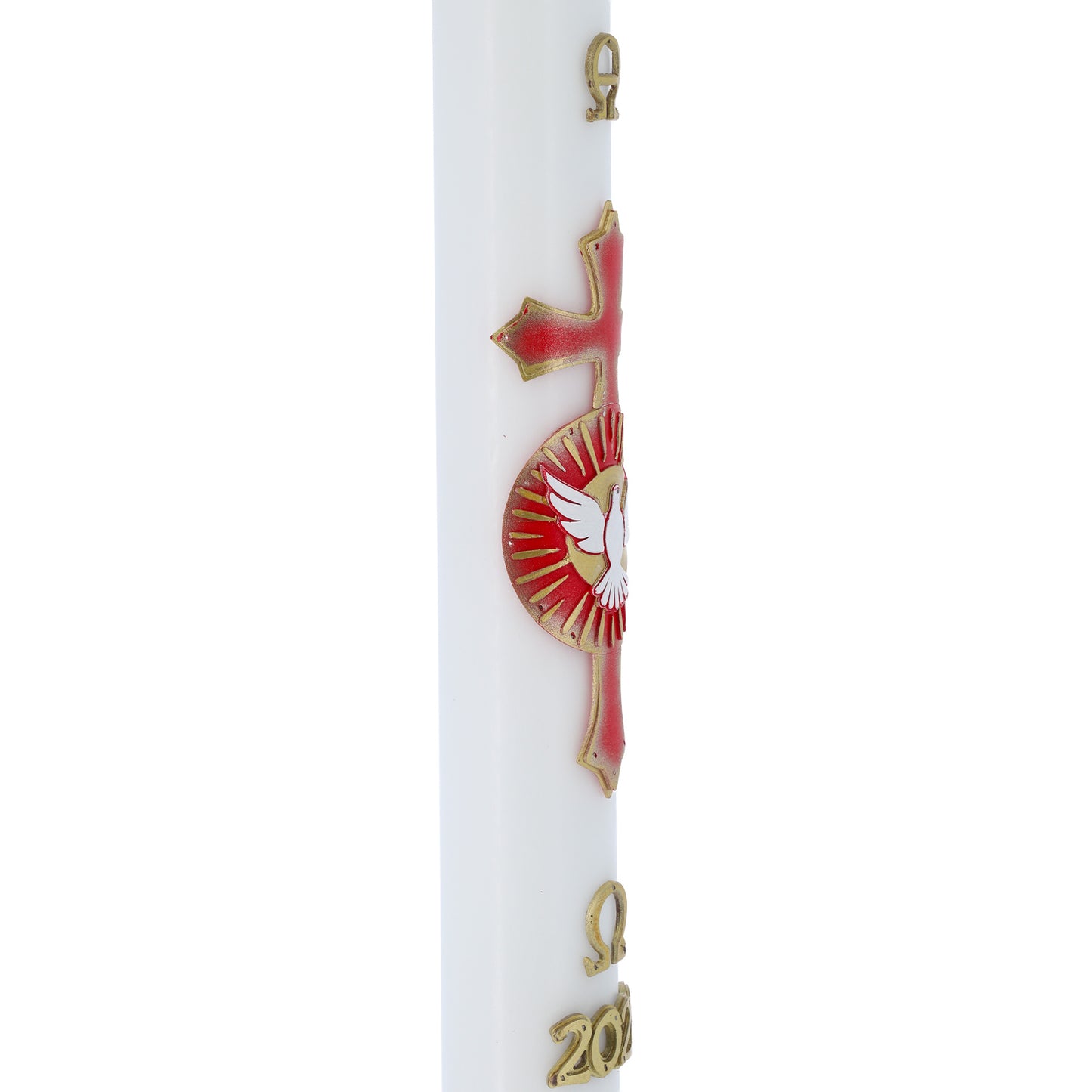 Cero Pasquale in cera bianca con con Colomba dello Spirito Santo in bassorilievo – Decoro Rosso. Dimensione 8x120 cm