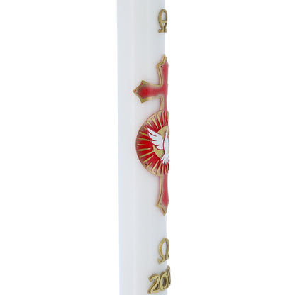 Cero Pasquale in cera bianca con con Colomba dello Spirito Santo in bassorilievo – Decoro Rosso. Dimensione 8x120 cm