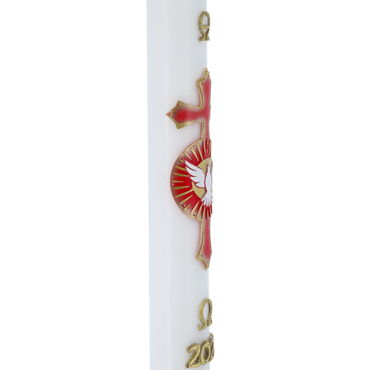 Cero Pasquale in cera bianca con con Colomba dello Spirito Santo in bassorilievo – Decoro Rosso. Dimensione 8x120 cm