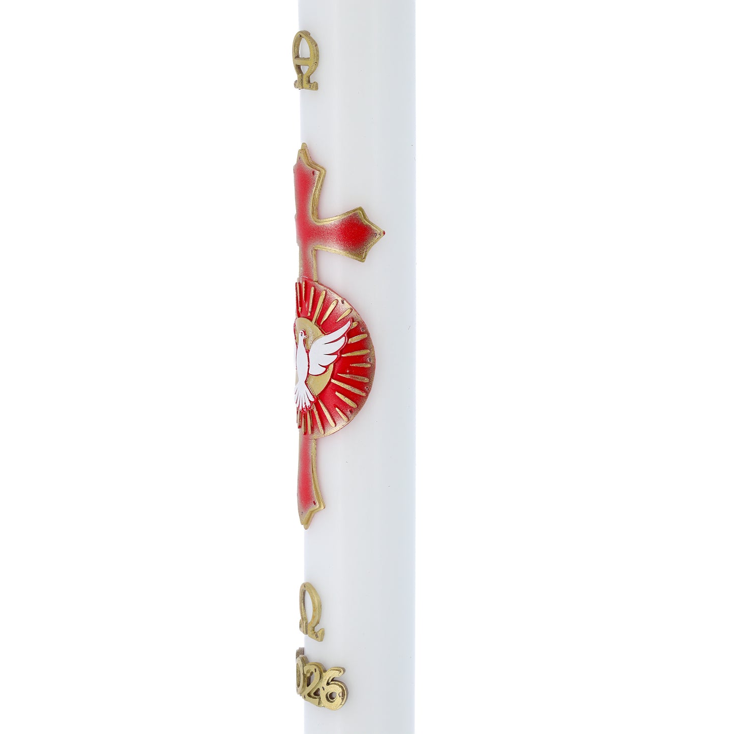 Cero Pasquale in cera bianca con con Colomba dello Spirito Santo in bassorilievo – Decoro Rosso. Dimensione 8x120 cm