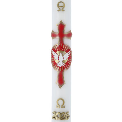 Cero Pasquale in cera bianca con con Colomba dello Spirito Santo in bassorilievo – Decoro Rosso. Dimensione 8x120 cm