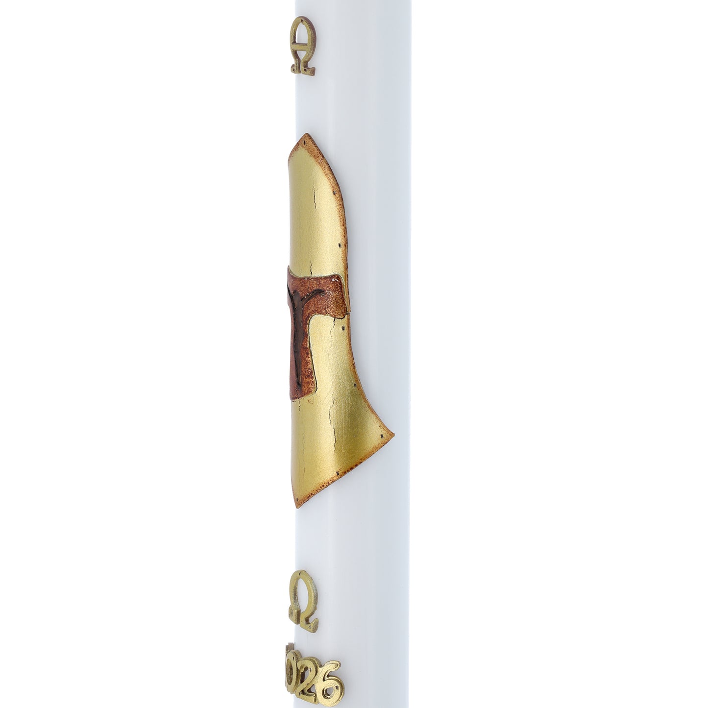 Cero Pasquale in cera bianca con Tau Francescano inin bassorilievo – Decoro Rosso. Dimensione 8x120 cm