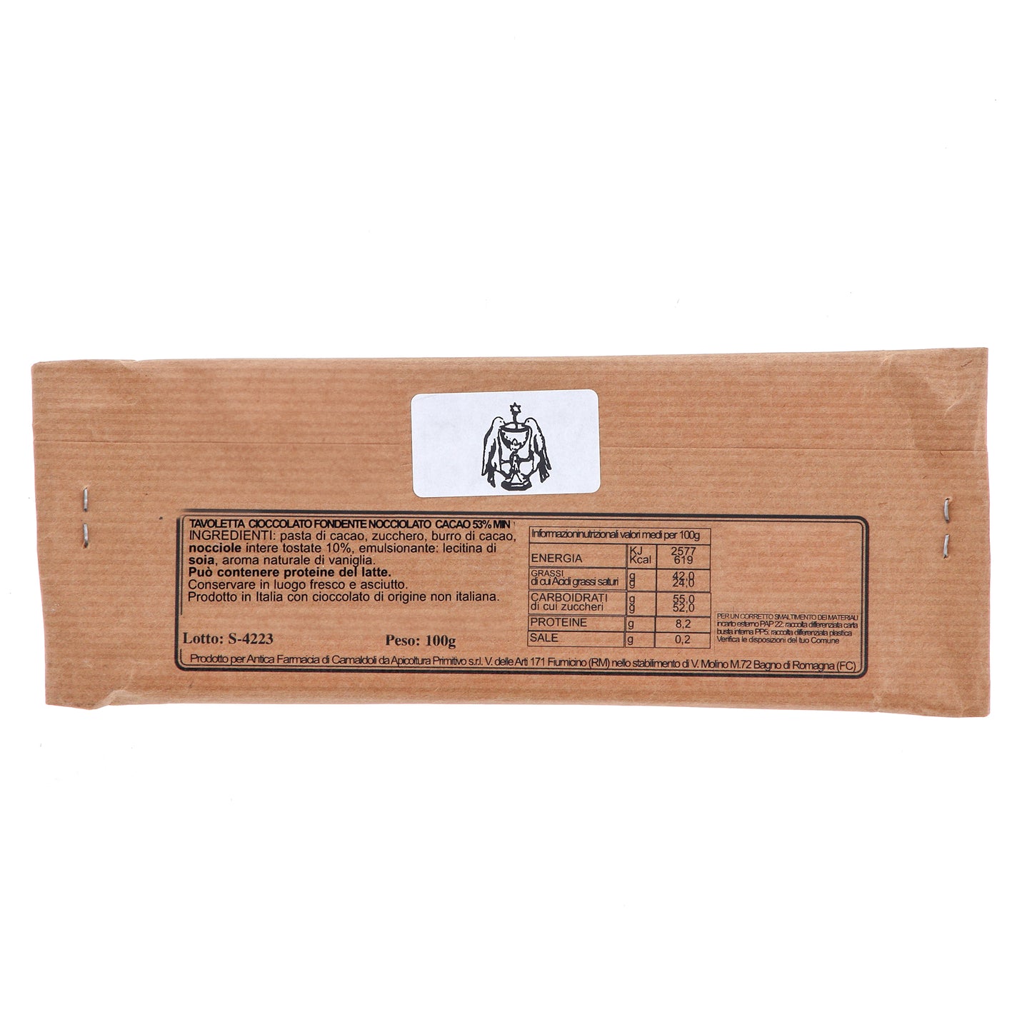 Cioccolato fondente extra 53% con Nocciole 100 gr. - Prodotto dai Monaci Camaldolesi