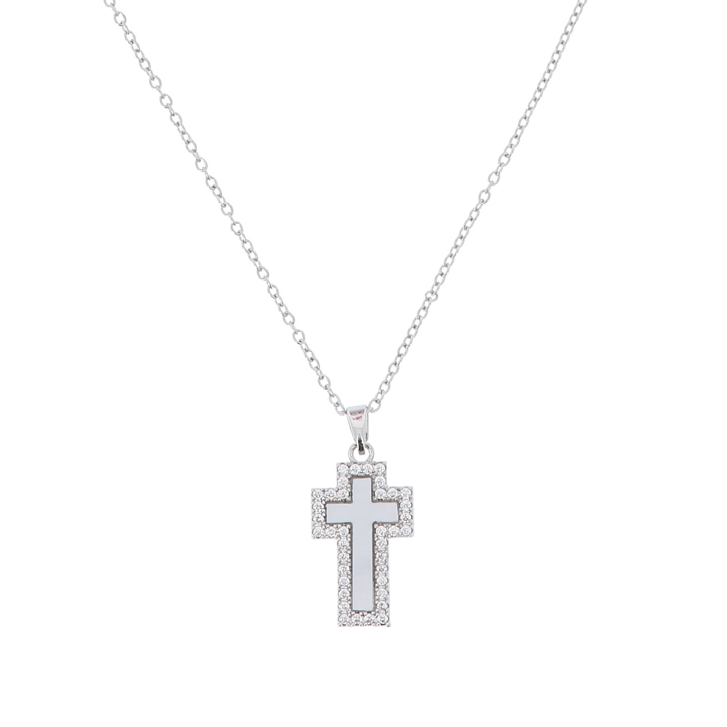 Collana in acciao con ciondolo croce e inserto in madreperla, con strass.