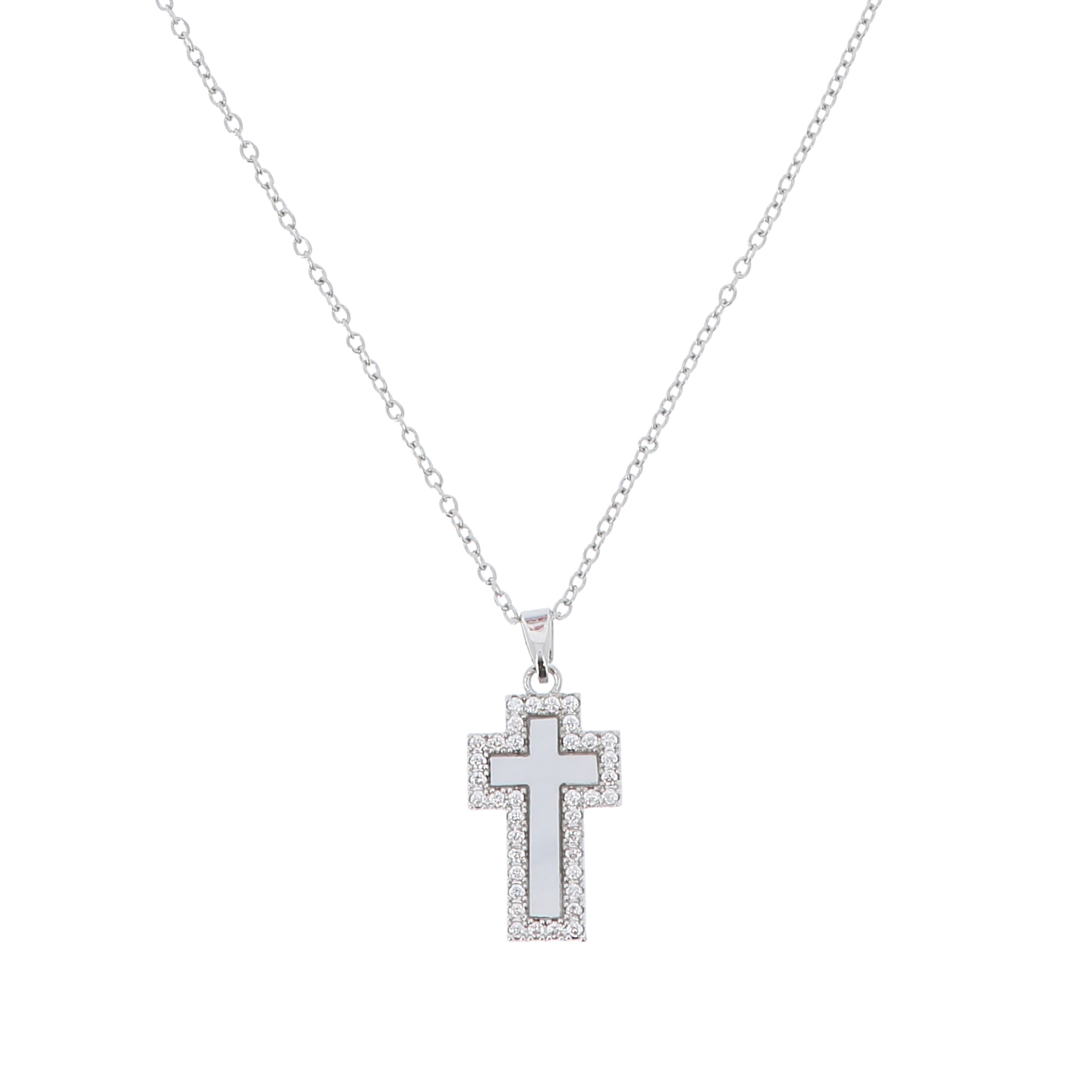 Collana in acciao con ciondolo croce e inserto in madreperla, con strass.