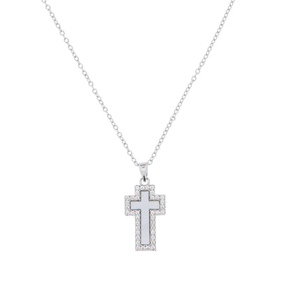 Collana in acciao con ciondolo croce e inserto in madreperla, con strass.
