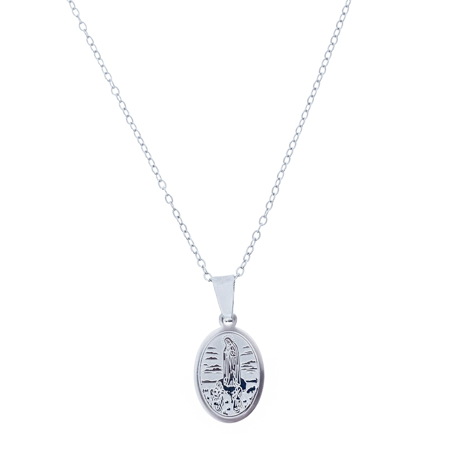 Collana in acciaio con ciondolo Madonna di Fatima. Lunghezza 24 cm