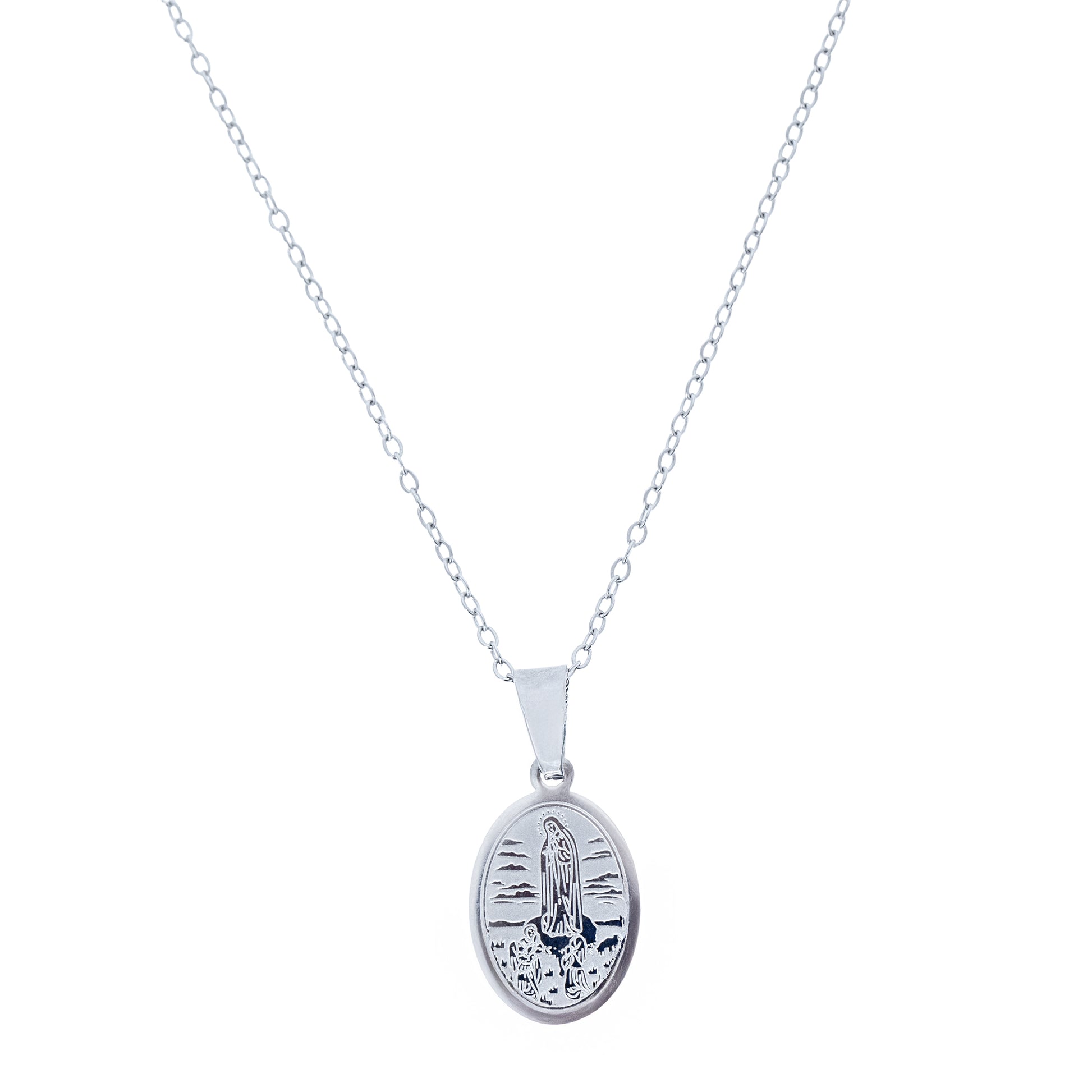 Collana in acciaio con ciondolo Madonna di Fatima. Lunghezza 24 cm