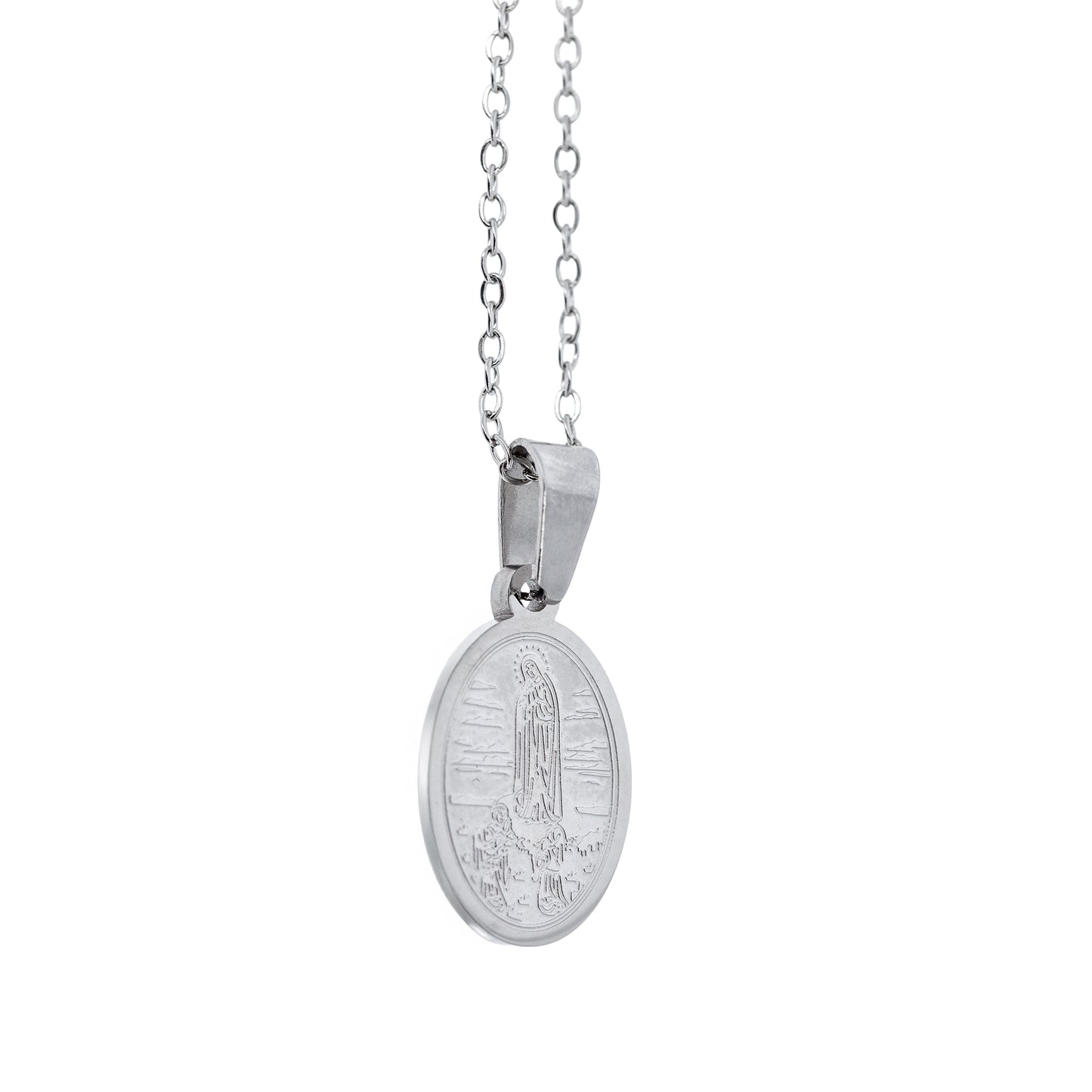 Collana in acciaio con ciondolo Madonna di Fatima. Lunghezza 24 cm