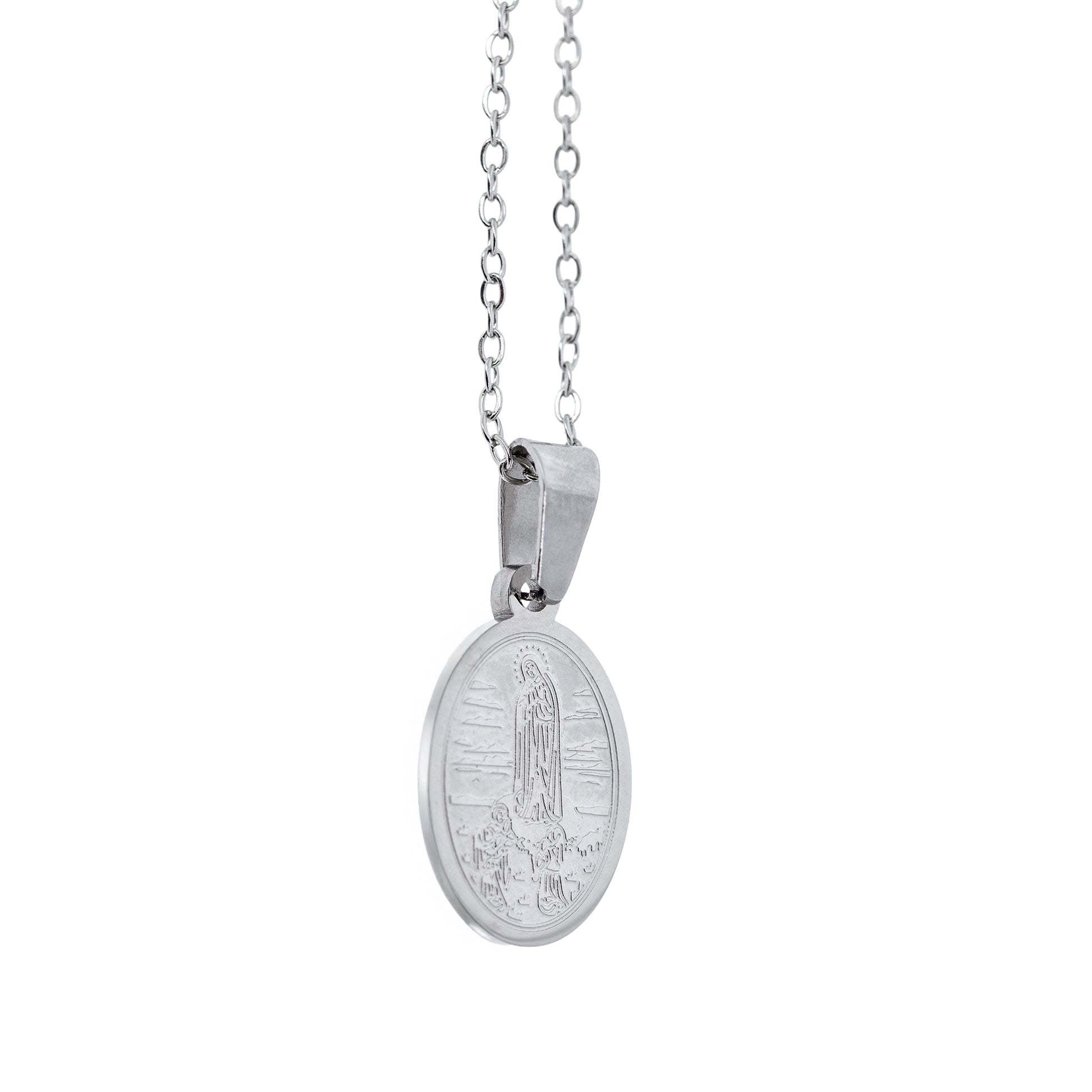 Collana in acciaio con ciondolo Madonna di Fatima. Lunghezza 24 cm