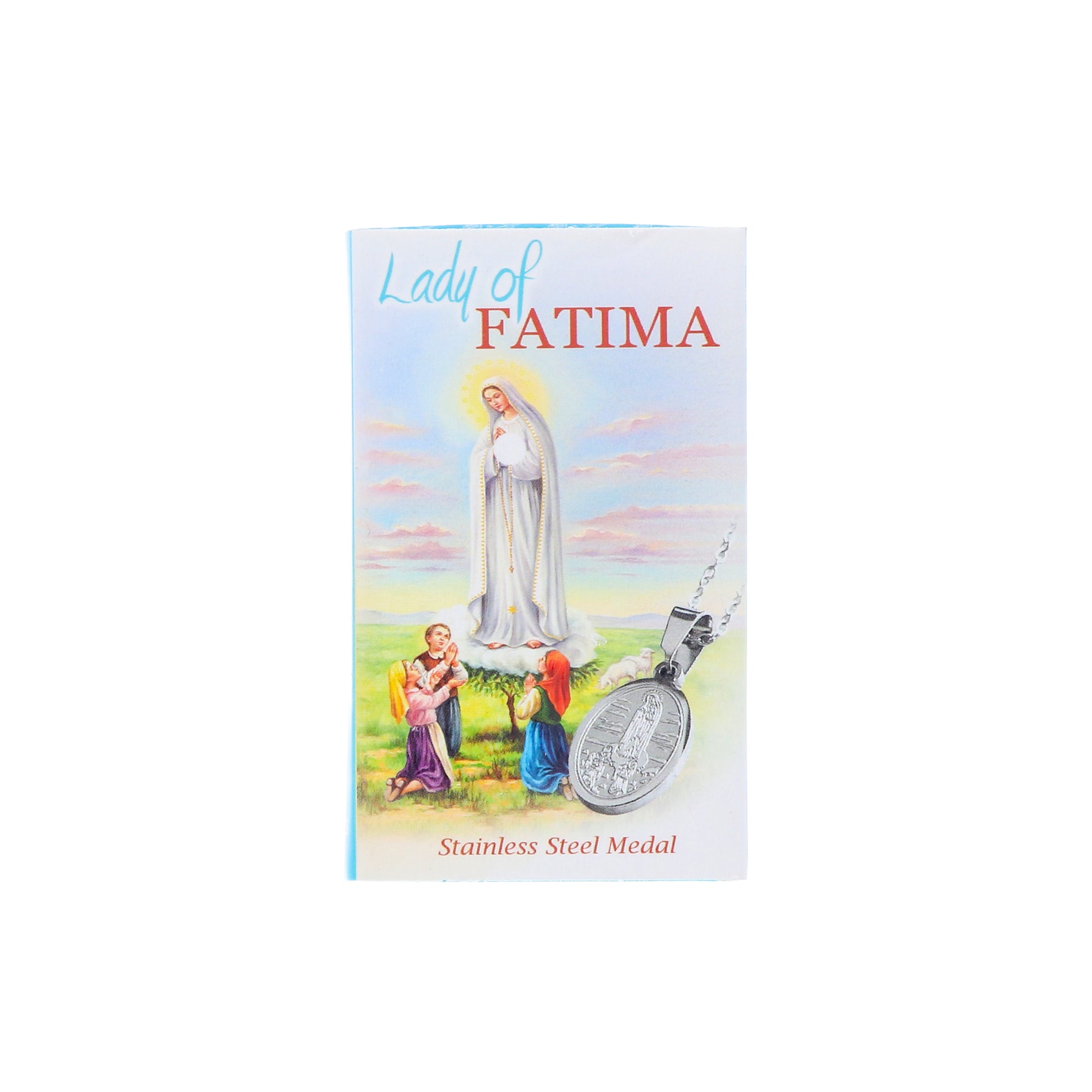 Collana in acciaio con ciondolo Madonna di Fatima. Lunghezza 24 cm