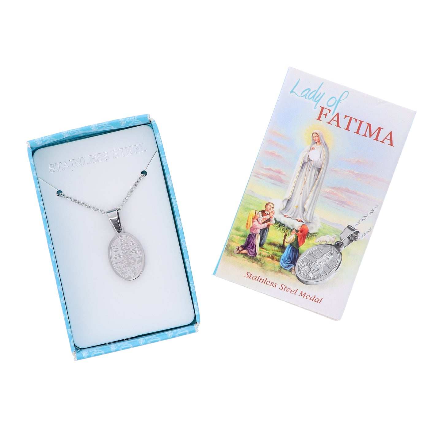 Collana in acciaio con ciondolo Madonna di Fatima. Lunghezza 24 cm