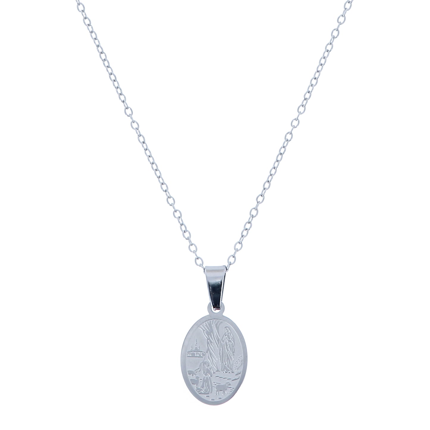 Collana in acciaio con ciondolo Madonna di Lourdes. Lunghezza 24 cm