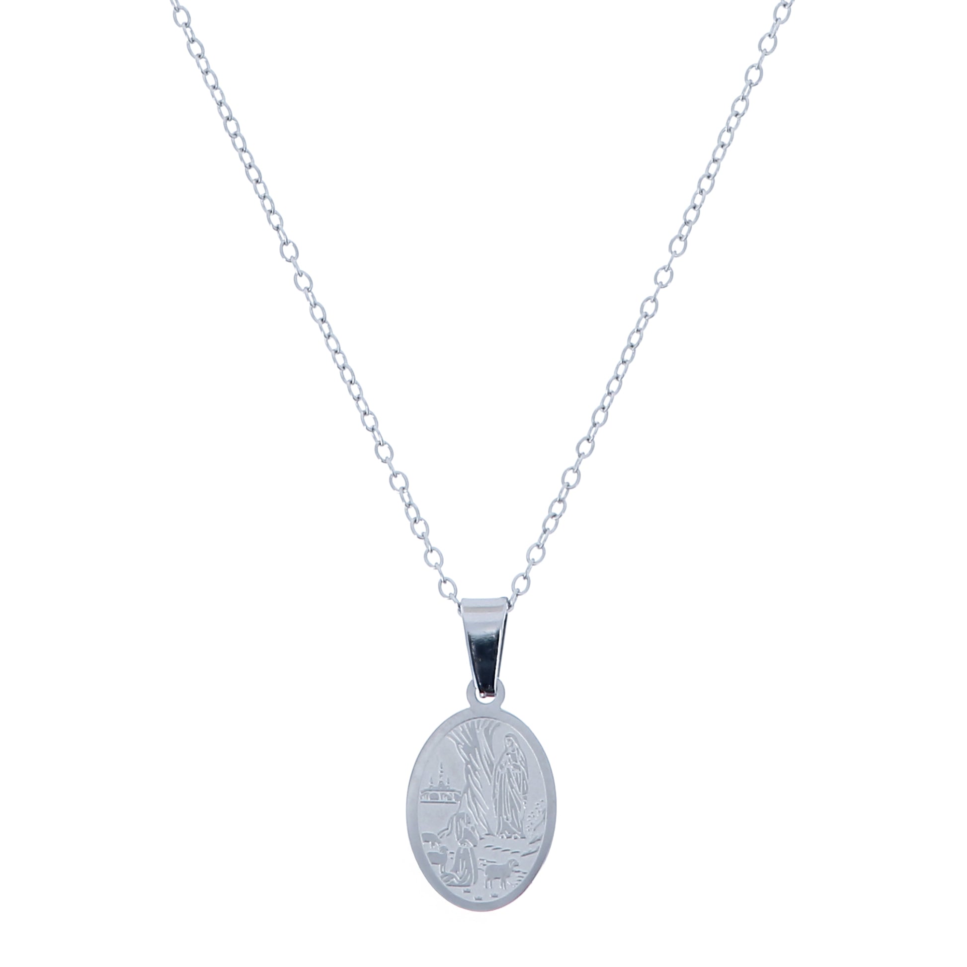 Collana in acciaio con ciondolo Madonna di Lourdes. Lunghezza 24 cm