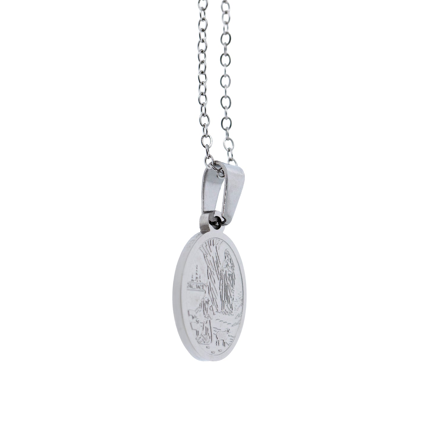Collana in acciaio con ciondolo Madonna di Lourdes. Lunghezza 24 cm