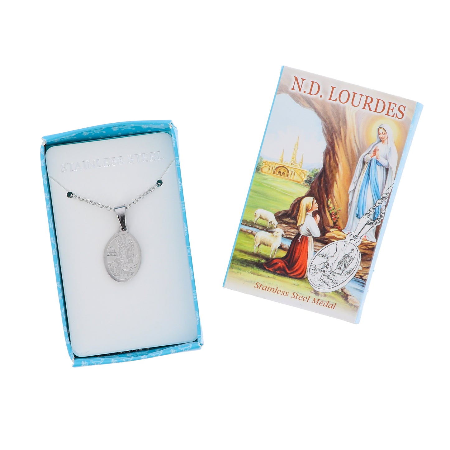 Collana in acciaio con ciondolo Madonna di Lourdes. Lunghezza 24 cm