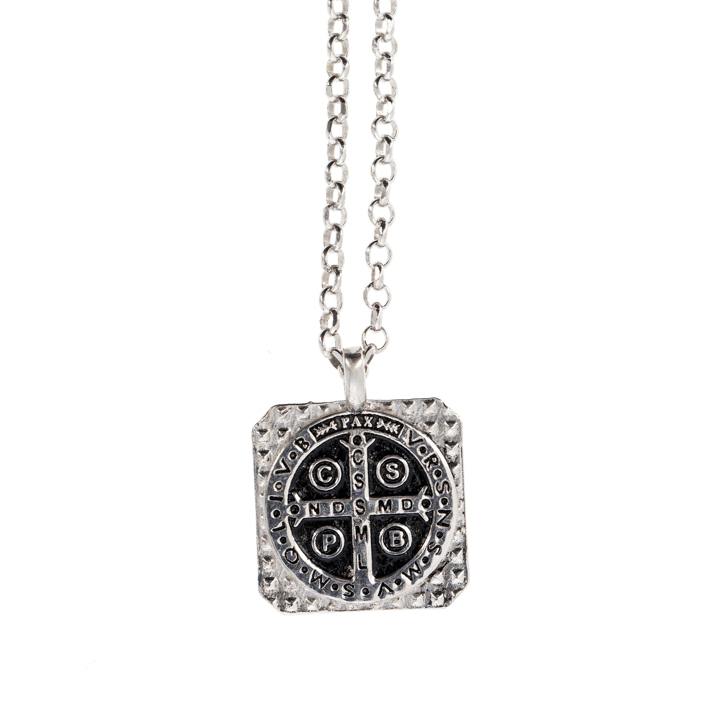Collana Crucis Benedictus, San Benedetto in argento 925 brunito